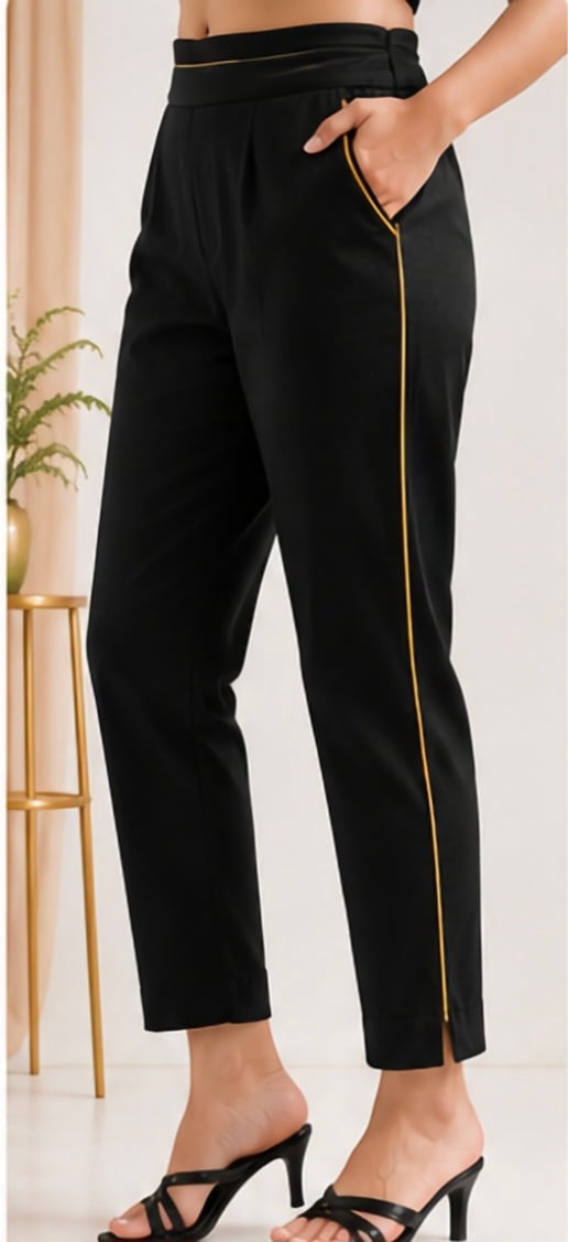 Black Cotton Pant with Golden Piping – Premium Women's Cotton Bottom Wear - view 1