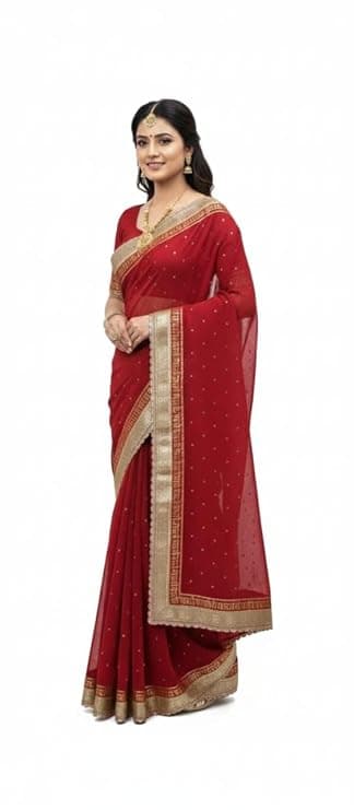 Red Tissue Silk Saree with Golden Zari Border - Premium Designer detailed portrait