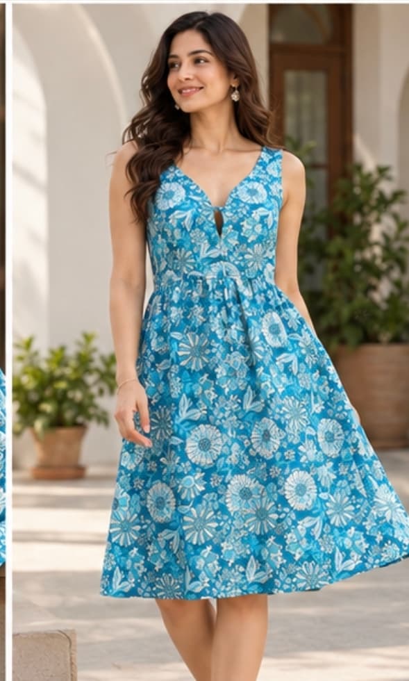 Women’s Blue Floral Cotton A-Line Dress detailed portrait