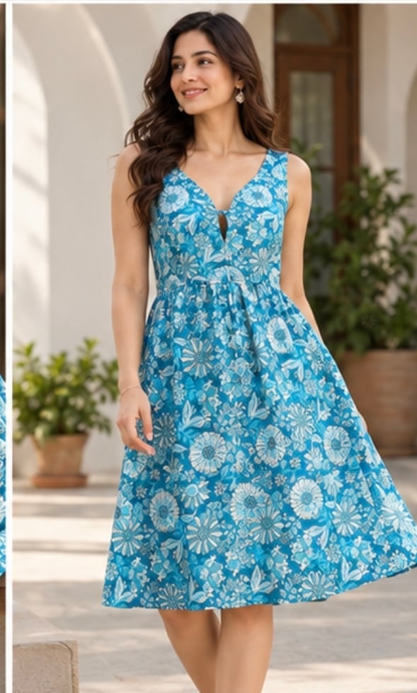 Women’s Blue Floral Cotton A-Line Dress - view 1
